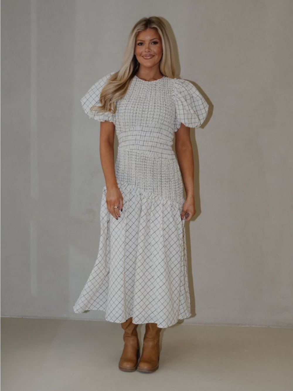 AUREUM Ivory Grid Puff-Sleeve Maxi Dress